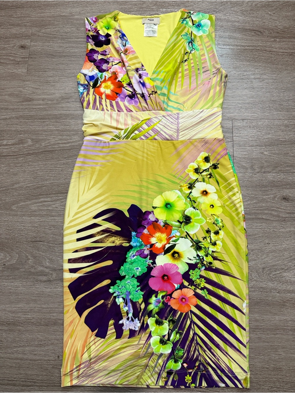 Sleeveless Tropical V-Neck Sheath Dress - Yellow Floral FUZZI